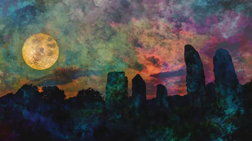 Mystical Night Scene with Standing Stones