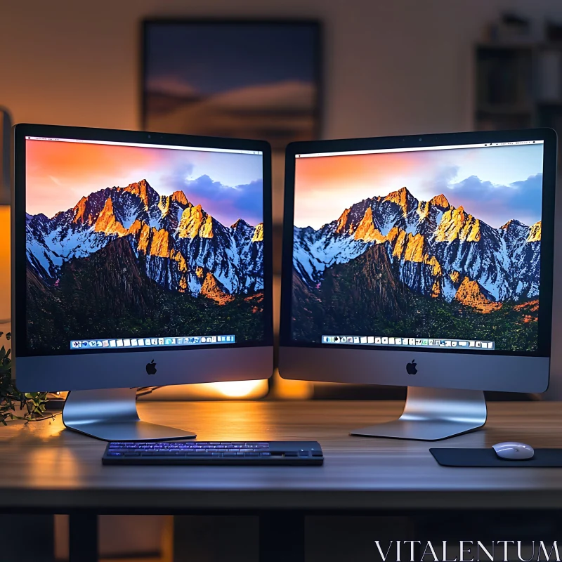 Modern Workstation with Dual Monitors and Mountain Wallpaper AI Image