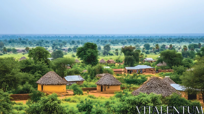 Rural Village Huts Amidst Green Landscape AI Image