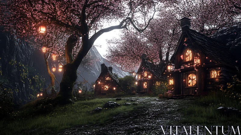 Fairytale Cottages and Blooming Cherry Trees AI Image