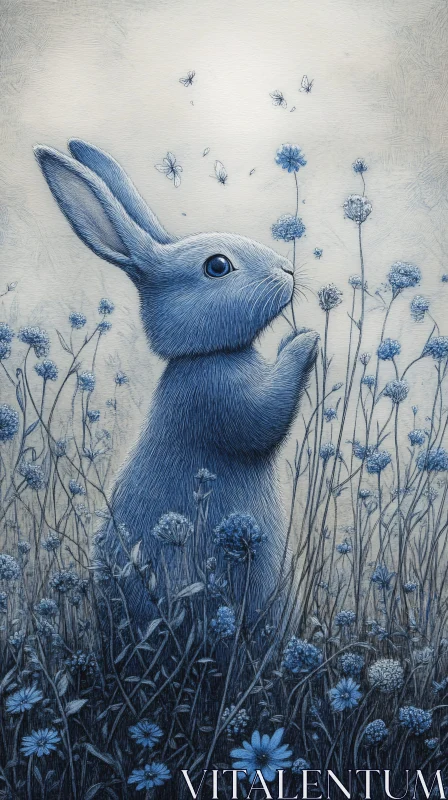 AI ART Blue Rabbit and Butterflies Art