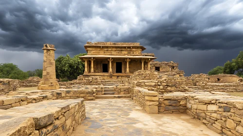 Historic Stone Building with Dark Clouds