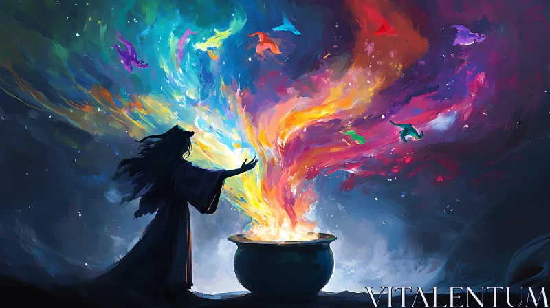 AI ART Colorful Cauldron Spell with Dragons