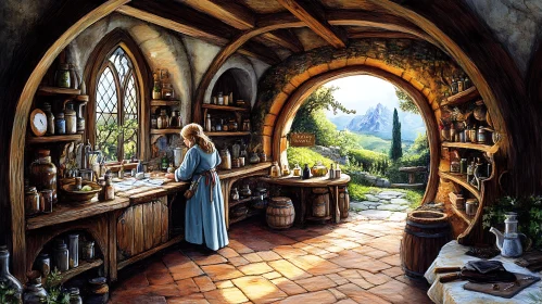 Vintage Kitchen with Woman and Landscape