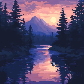 Tranquil Pixelated Sunset Over River