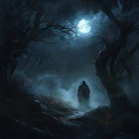 Silhouette in Misty Forest Night