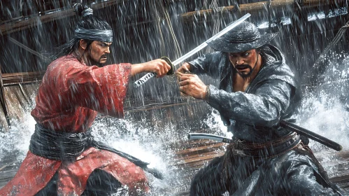 Samurai Warriors Clash Swords Under Rain