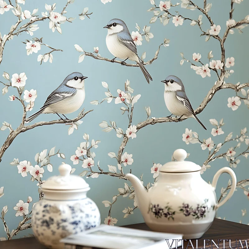 Serene Bird and Floral Arrangement AI Image