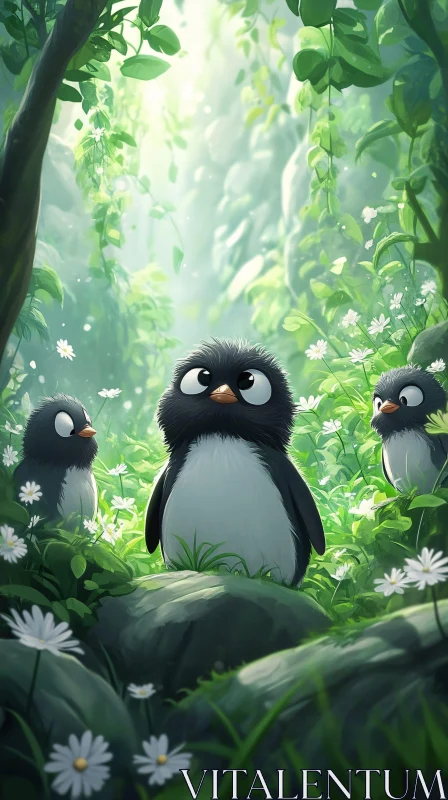 Charming Penguins Amid Lush Greenery AI Image