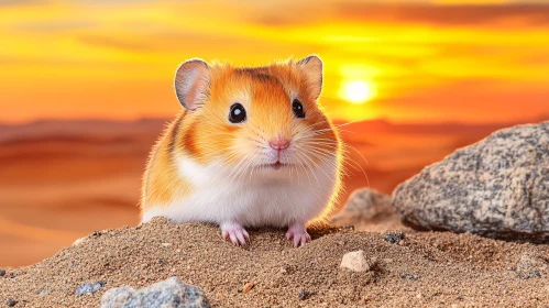 Hamster on Sand with Sunset