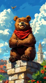 Illustrated Bear with Scarf in City