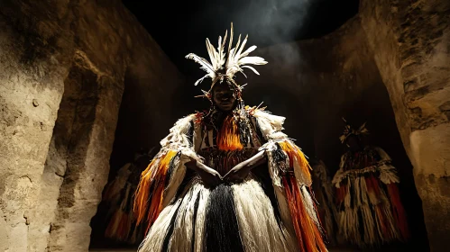 Person in Traditional Dress with Feathers