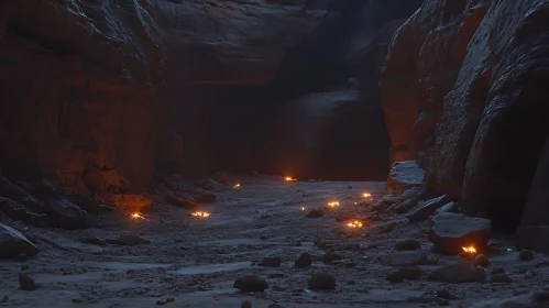 Mystical Cave with Scattered Fires