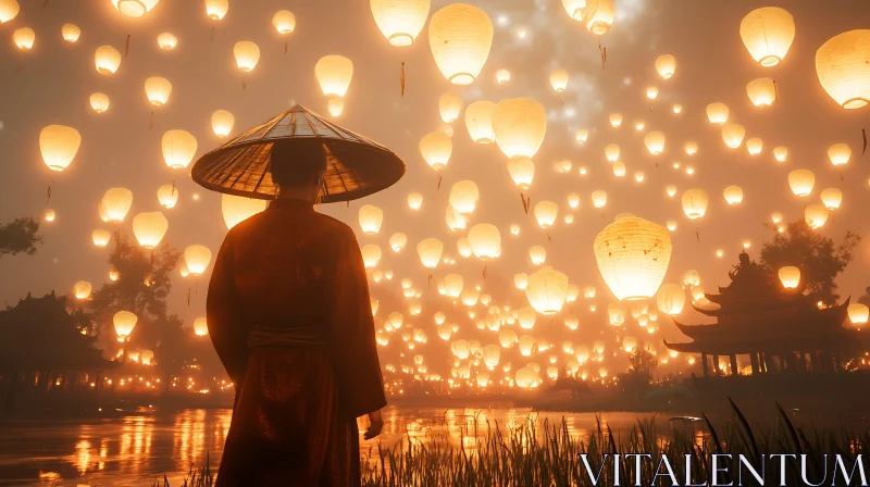 Floating Lanterns at Night AI Image