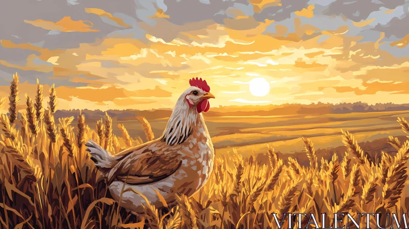 AI ART Golden Wheat Field with Chicken at Sunset