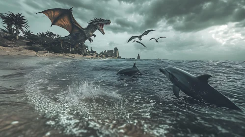 Dragon and Dolphins on a Tropical Beach