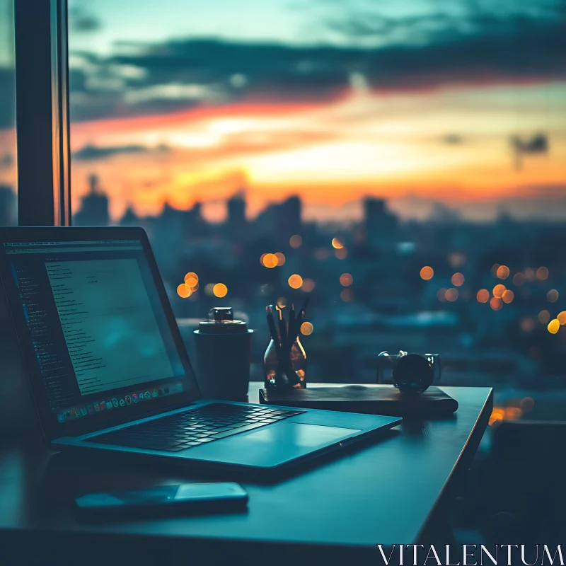 Workspace with Sunset City View AI Image