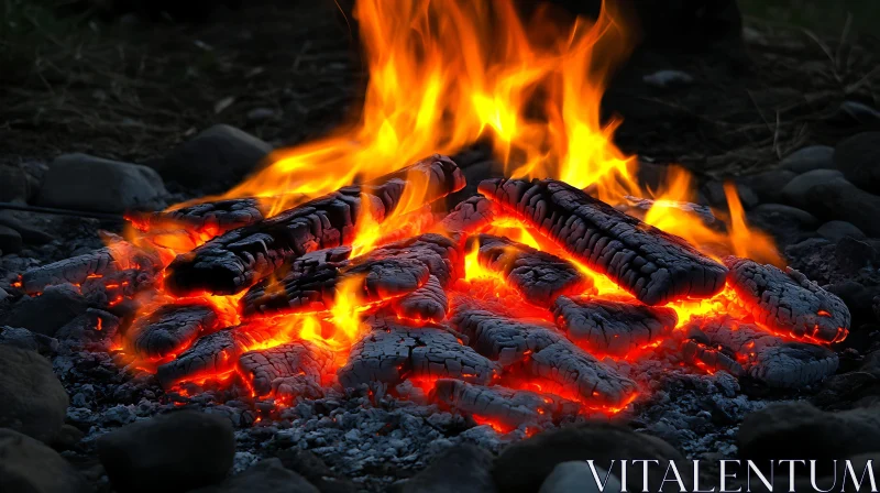 Burning Campfire with Charred Logs and Glowing Embers AI Image