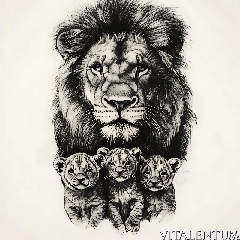 AI ART Monochrome Lion Family