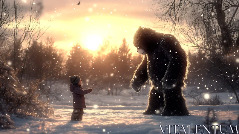 Snowy Meeting: A Child's Winter Friend AI Image