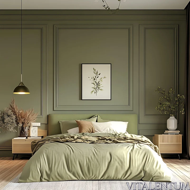 Modern Bedroom with Green Palette and Botanical Decor AI Image