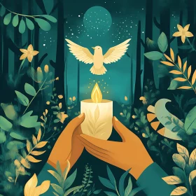 Peaceful Forest Scene with Dove and Candle