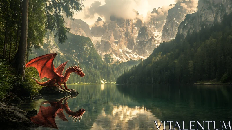 AI ART Crimson Dragon at Mountain Lake