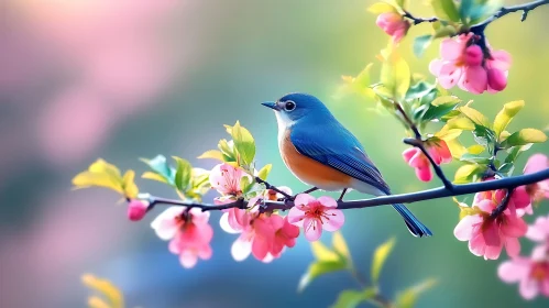 Bluebird Among Pink Blossoms