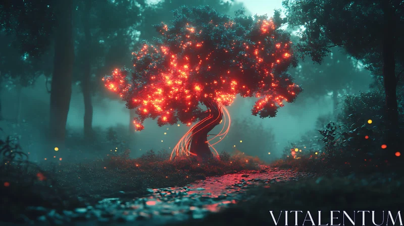 AI ART Mystical Tree in a Foggy Forest