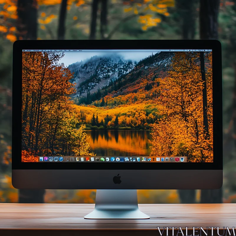 iMac with Autumn Forest Wallpaper AI Image