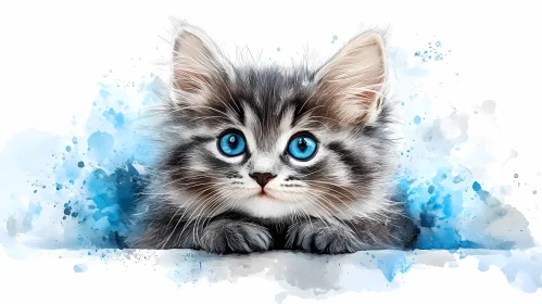 Fluffy Kitten Art with Blue Splashes