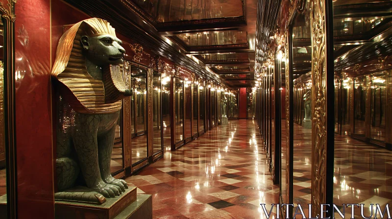 AI ART Elegant Corridor with Golden Sphinx and Marble Floor