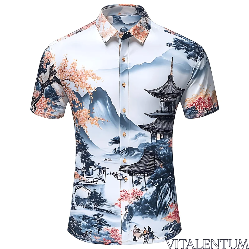 Asian-Inspired Scenic Landscape Button-Up Shirt AI Image