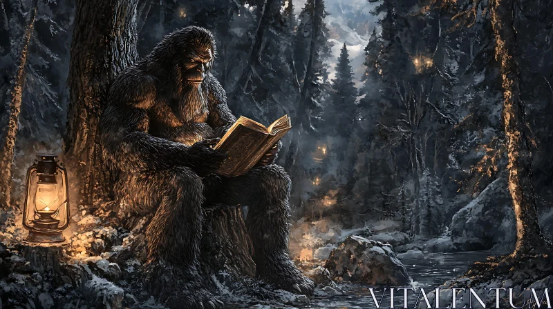 AI ART Bigfoot's Literary Escape in the Woods