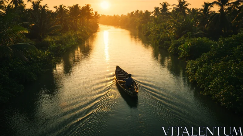 Tropical River Sunset Boat Ride AI Image