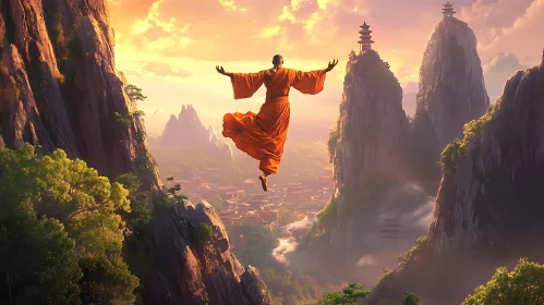 Monk's Ascent: A Mountain Meditation Scene