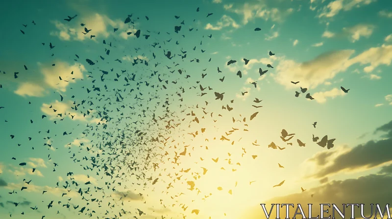 Flock of Birds in Golden Sky AI Image