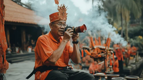 Man with Camera in Cultural Setting