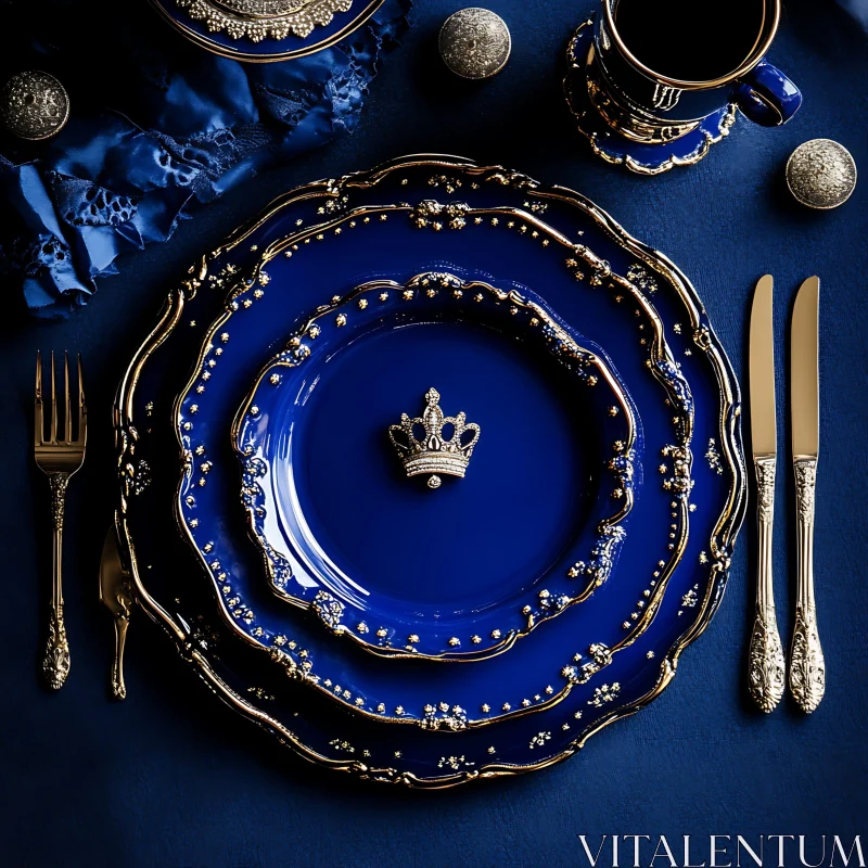 Opulent Royal Blue Dinnerware with Gold Accents AI Image