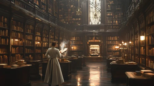 Woman in Library Reading Glowing Book