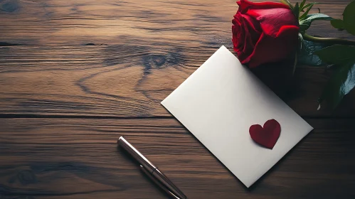 Rose and Love Letter on Wooden Table