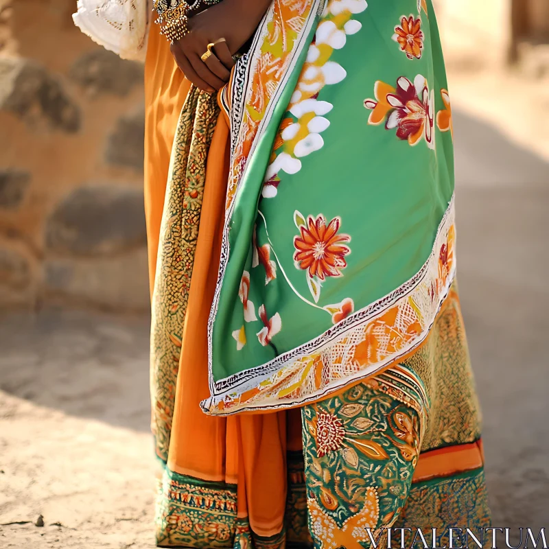 Colorful Sari with Floral Design AI Image