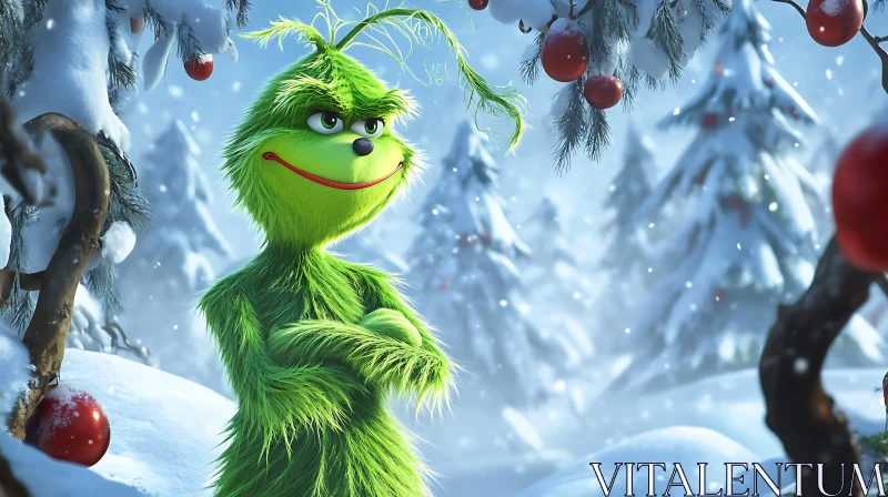 Whimsical Grinch in Snowy Christmas Scene AI Image