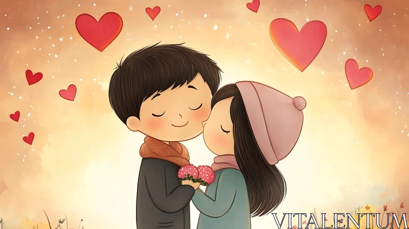 AI ART Romantic Cartoon Couple Surrounded by Hearts