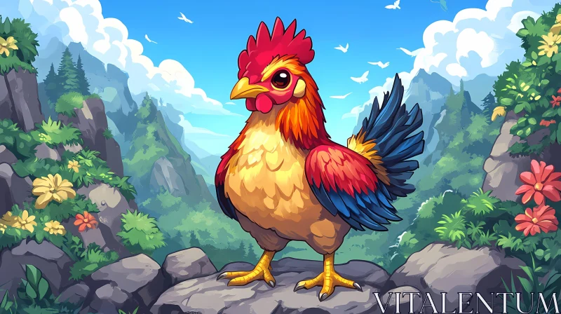 AI ART Colorful Rooster Among Nature