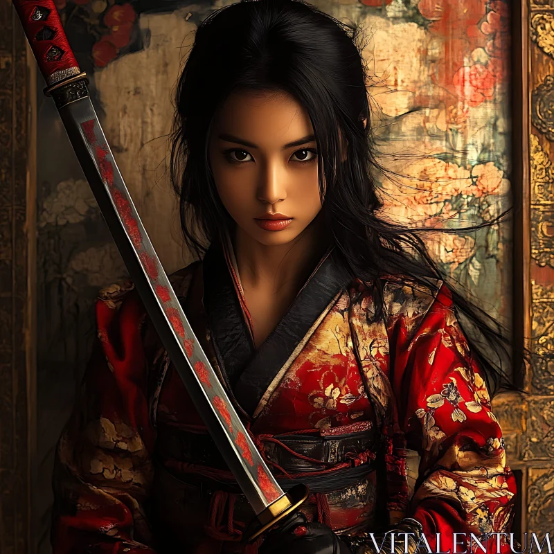 AI ART Female Warrior with Katana in Traditional Dress