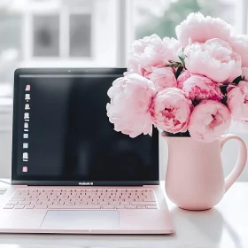 Elegant Pink Laptop and Peony Flowers on Desk