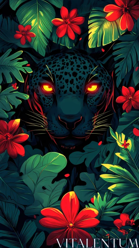 Jungle Panther with Vibrant Flora AI Image