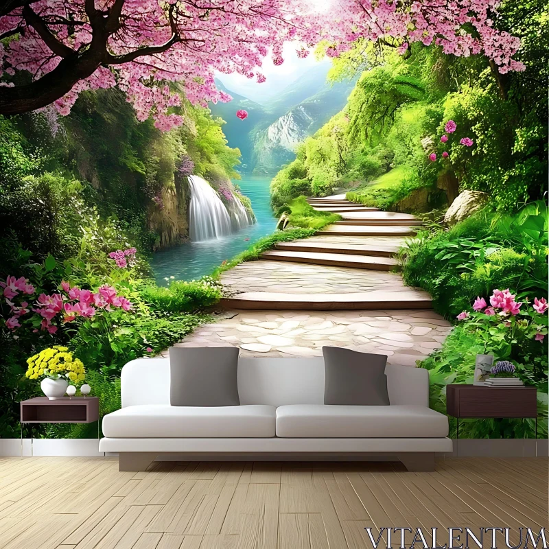 Tranquil Garden with Stone Path and Blooming Flowers AI Image