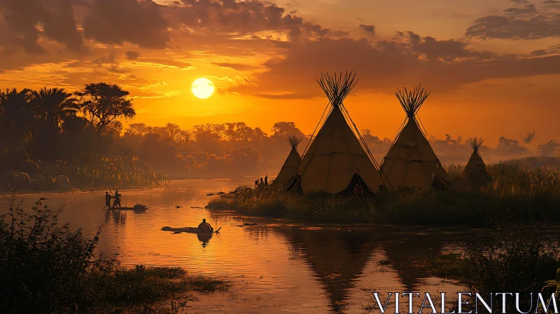 Tranquil Sunset Riverbank Tipi Scene AI Image